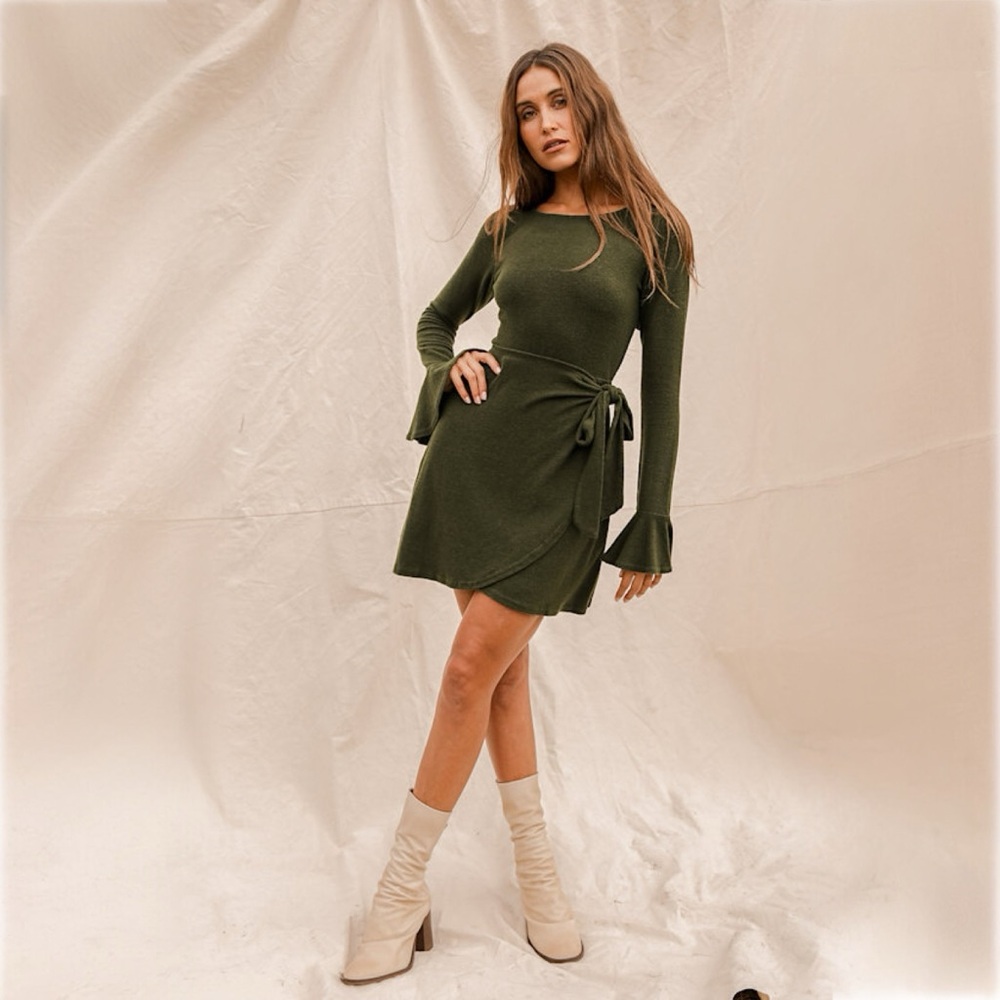 🆕 Lulus Favorite Tune Faux Wrap Sweater Dress in Olive Green - Picture 1 of 9